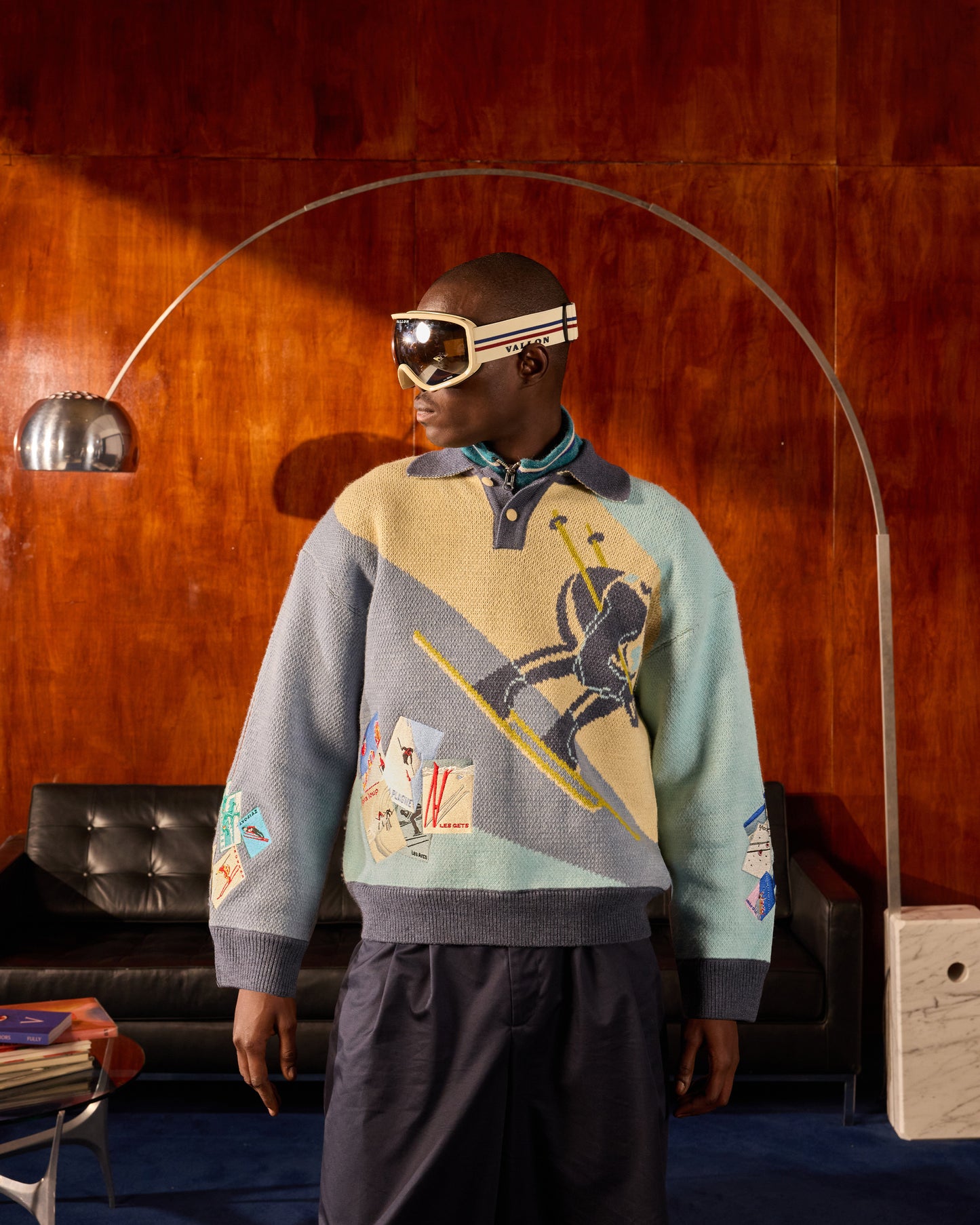 KNITTED SKI JUMPER WITH EMBROIDERED POSTCARDS