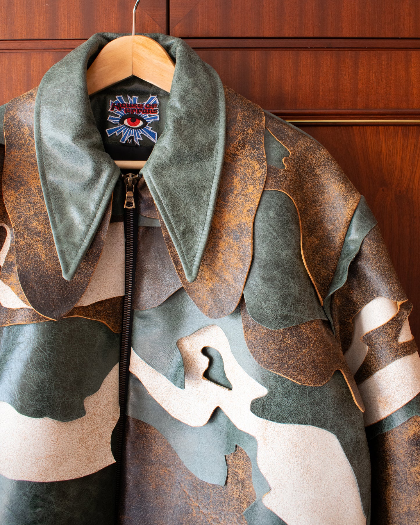 LEATHER TOPO JACKET IN ANTIQUE CAMO