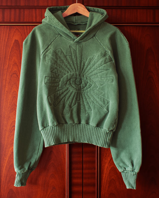 WOOL CHAIN-QUILT HOODIE IN EMERALD